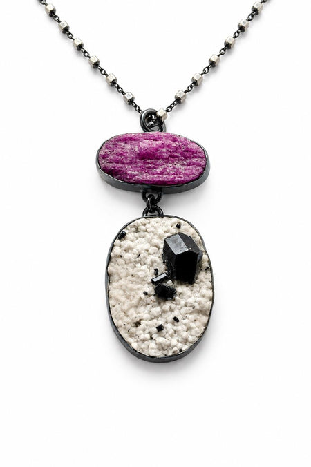 Raw Ruby with Black Tourmaline All Natural Stone Necklace Handcrafted by Silvermith