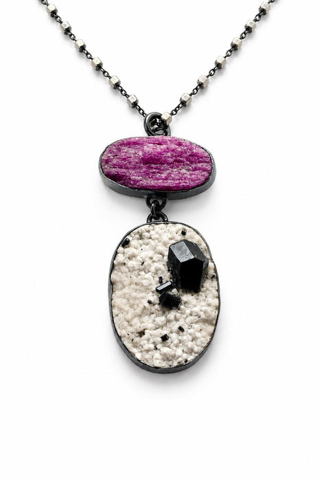 Raw Ruby with Black Tourmaline All Natural Stone Necklace Handcrafted by Silvermith