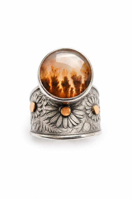Sunlit Meadows Ring, Dendritic Agate Ring, Cabochon Work, Silver and Gold