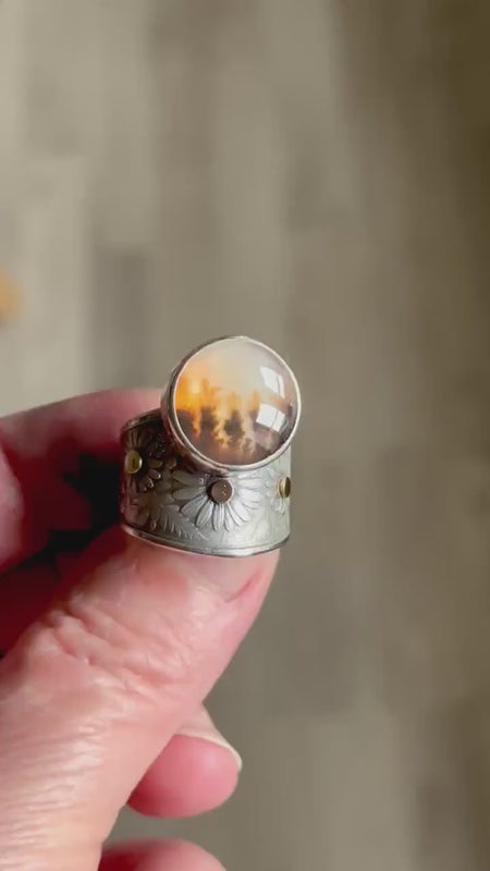 Sunlit Meadows Ring, Dendritic Agate Ring, Cabochon Work, Silver and Gold