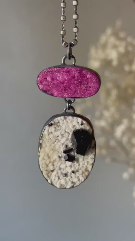 Raw Ruby with Black Tourmaline All Natural Stone Necklace Handcrafted by Silvermith